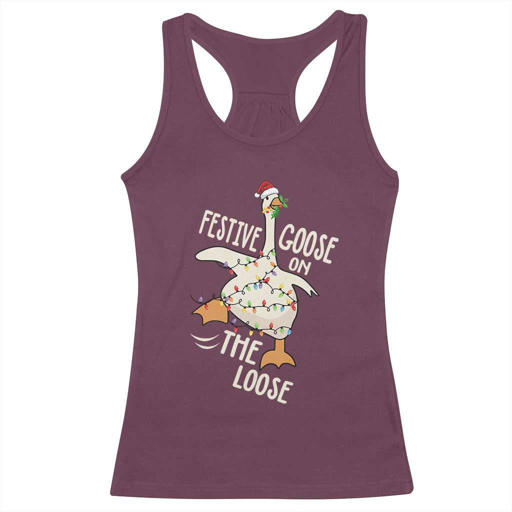 Funny Goose Christmas Racerback Tank Top Festive Goose On The Loose Xmas Lights TS11 Maroon Print Your Wear