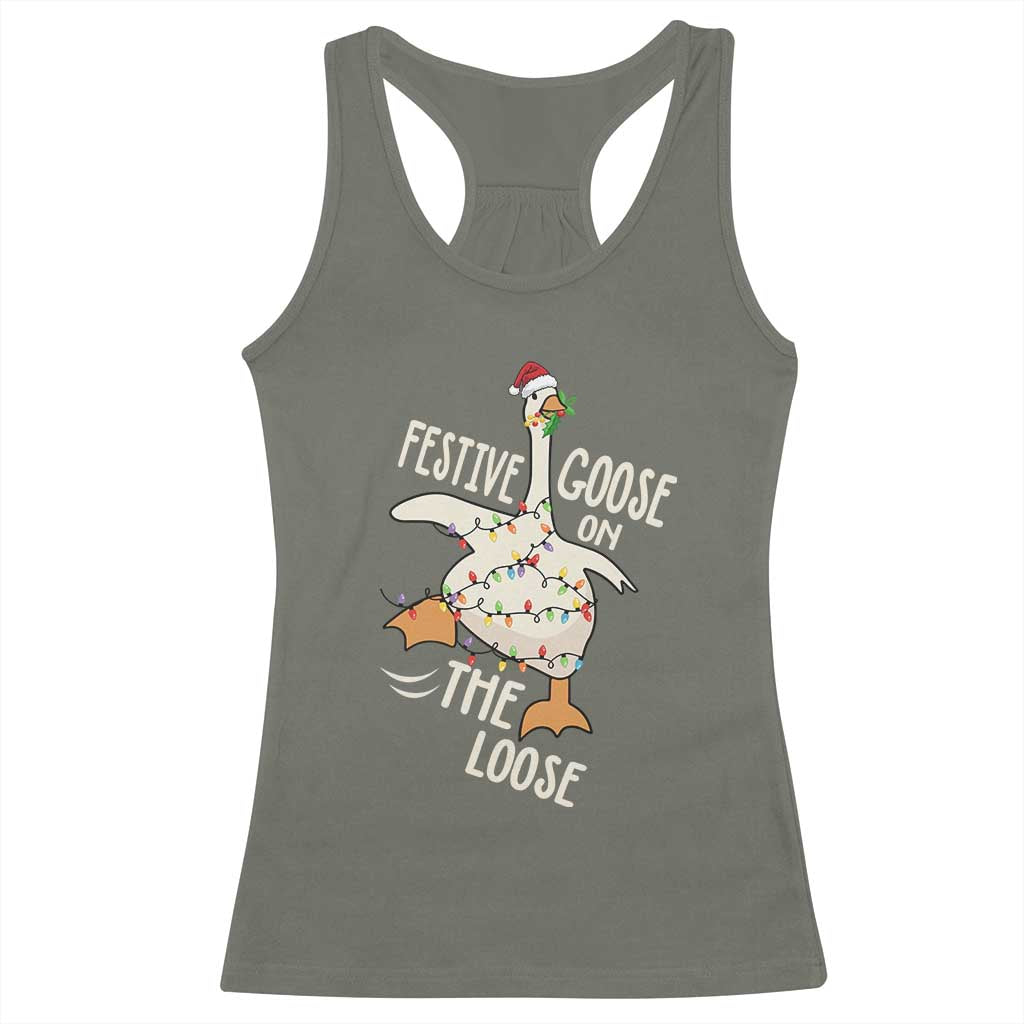 Funny Goose Christmas Racerback Tank Top Festive Goose On The Loose Xmas Lights TS11 Military Green Print Your Wear