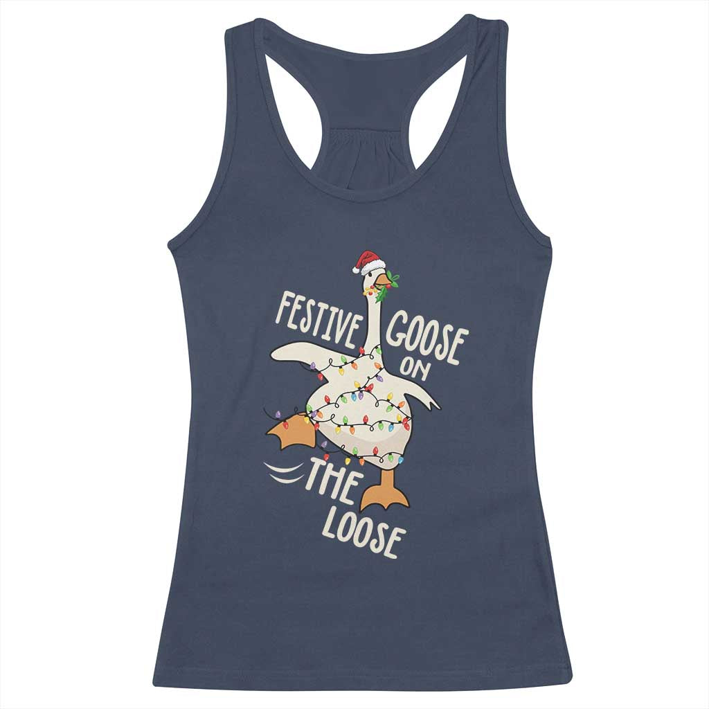 Funny Goose Christmas Racerback Tank Top Festive Goose On The Loose Xmas Lights TS11 Navy Print Your Wear