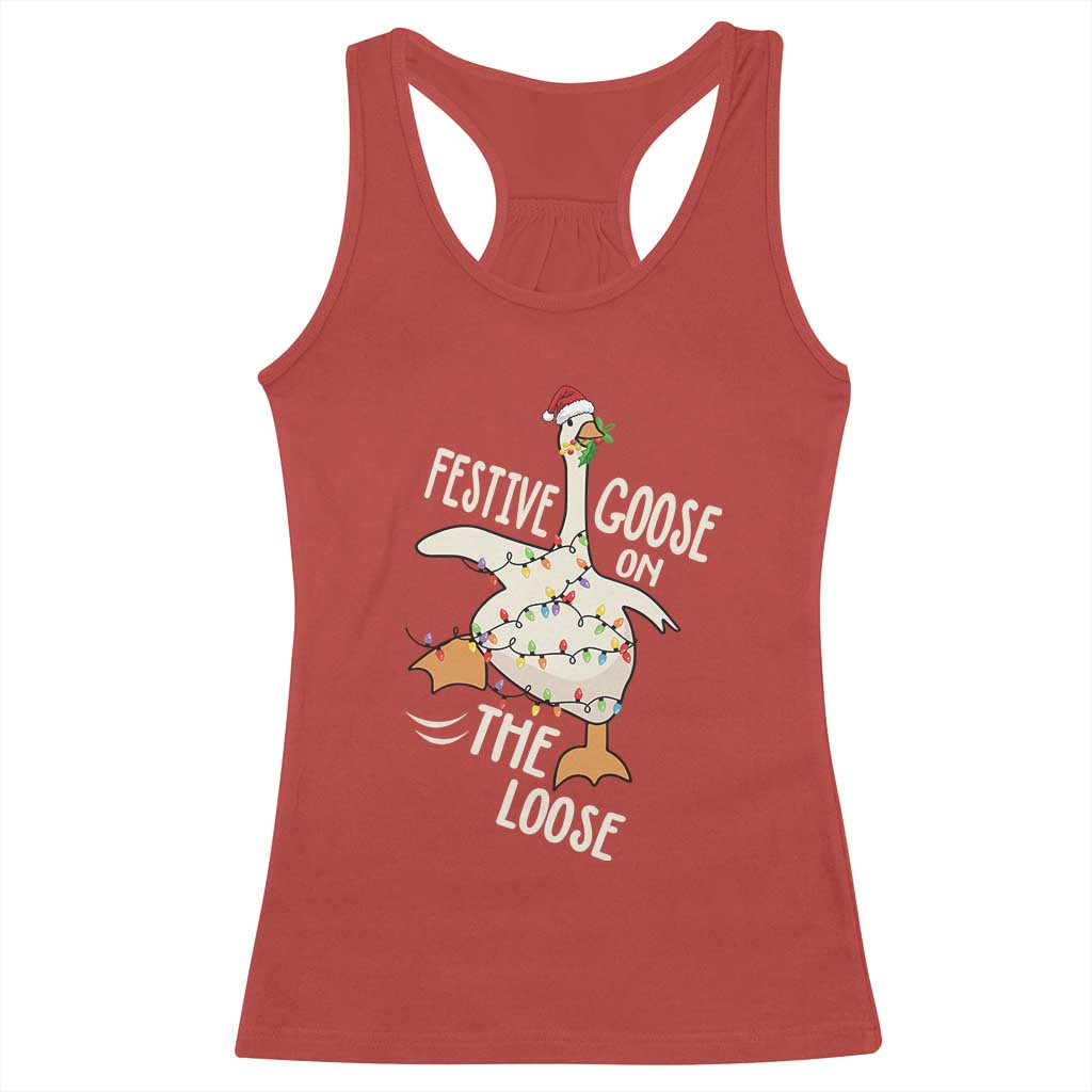 Funny Goose Christmas Racerback Tank Top Festive Goose On The Loose Xmas Lights TS11 Red Print Your Wear