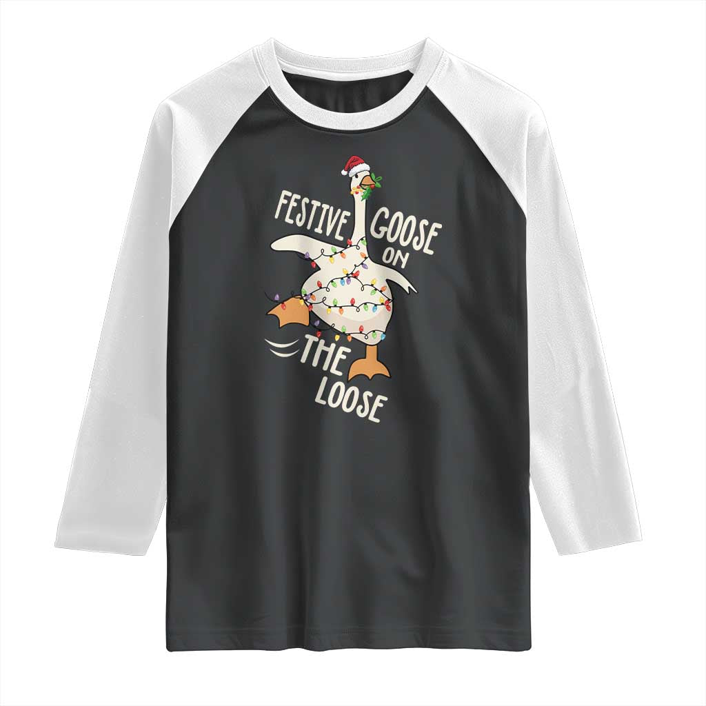 Funny Goose Christmas Raglan Shirt Festive Goose On The Loose Xmas Lights TS11 Black White Print Your Wear