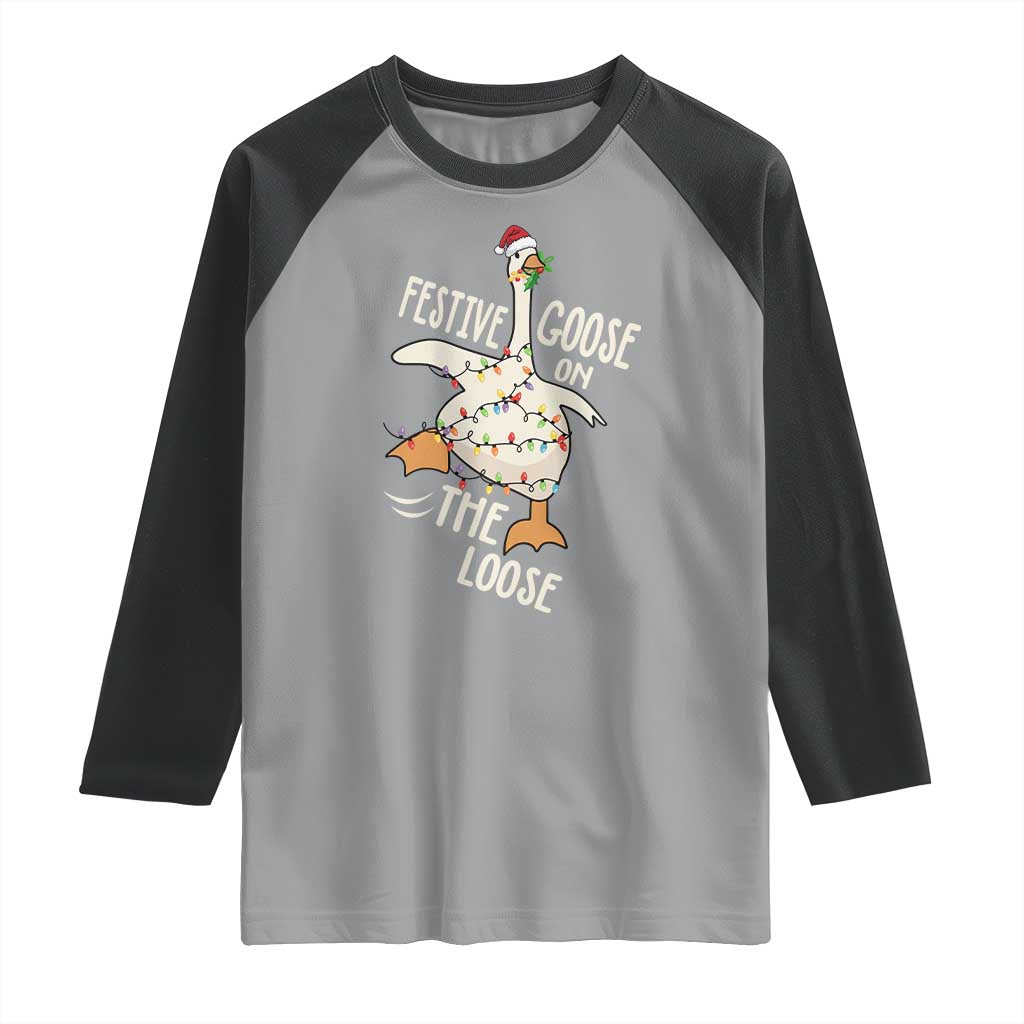 Funny Goose Christmas Raglan Shirt Festive Goose On The Loose Xmas Lights TS11 Sport Gray Black Print Your Wear