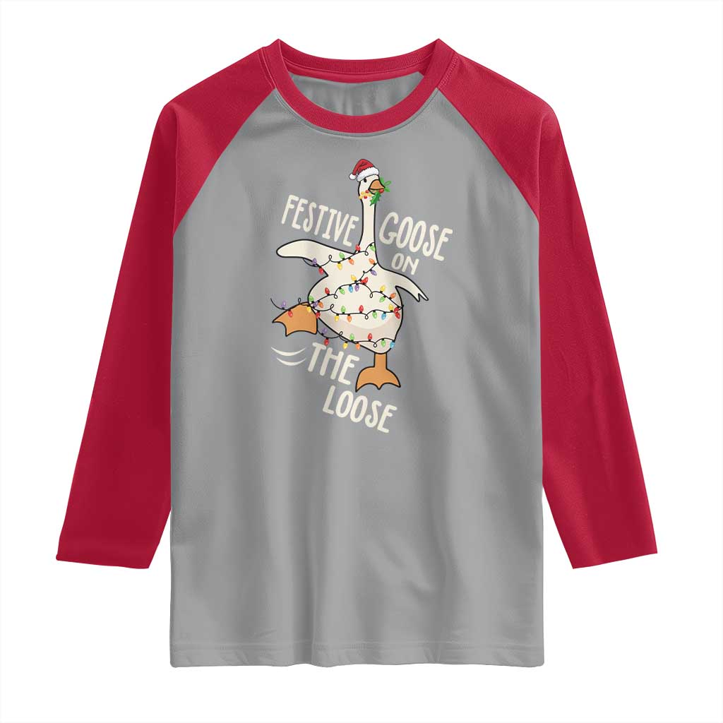 Funny Goose Christmas Raglan Shirt Festive Goose On The Loose Xmas Lights TS11 Sport Gray Red Print Your Wear