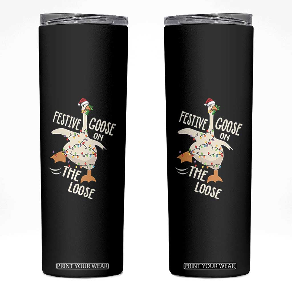 Funny Goose Christmas Skinny Tumbler Festive Goose On The Loose Xmas Lights TS11 Black Print Your Wear