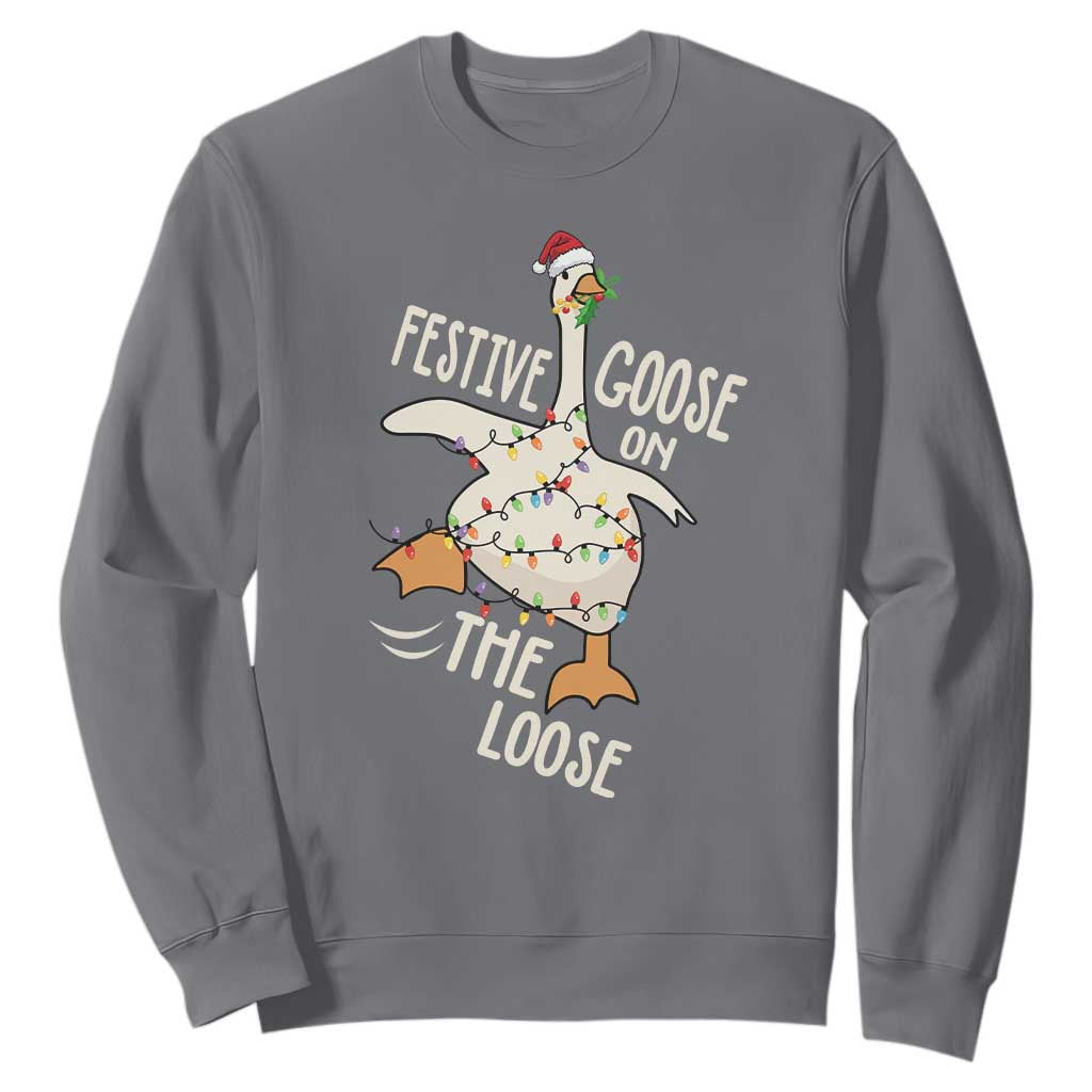 Funny Goose Christmas Sweatshirt Festive Goose On The Loose Xmas Lights TS11 Charcoal Print Your Wear