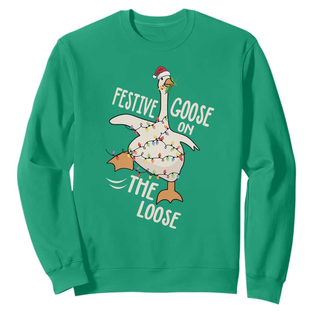 Funny Goose Christmas Sweatshirt Festive Goose On The Loose Xmas Lights TS11 Irish Green Print Your Wear