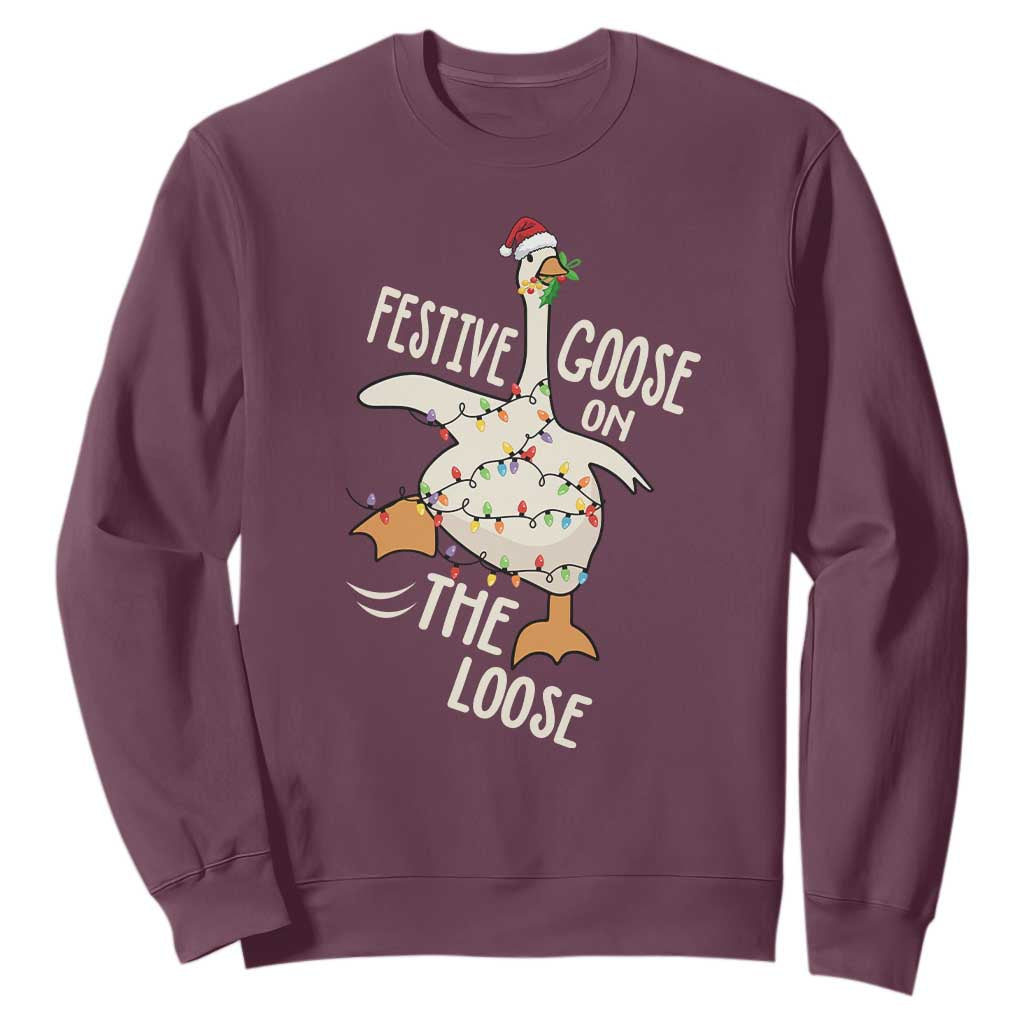 Funny Goose Christmas Sweatshirt Festive Goose On The Loose Xmas Lights TS11 Maroon Print Your Wear