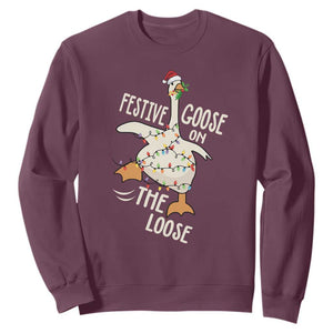 Funny Goose Christmas Sweatshirt Festive Goose On The Loose Xmas Lights TS11 Maroon Print Your Wear