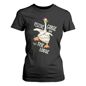 Funny Goose Christmas T Shirt For Women Festive Goose On The Loose Xmas Lights TS11 Black Print Your Wear