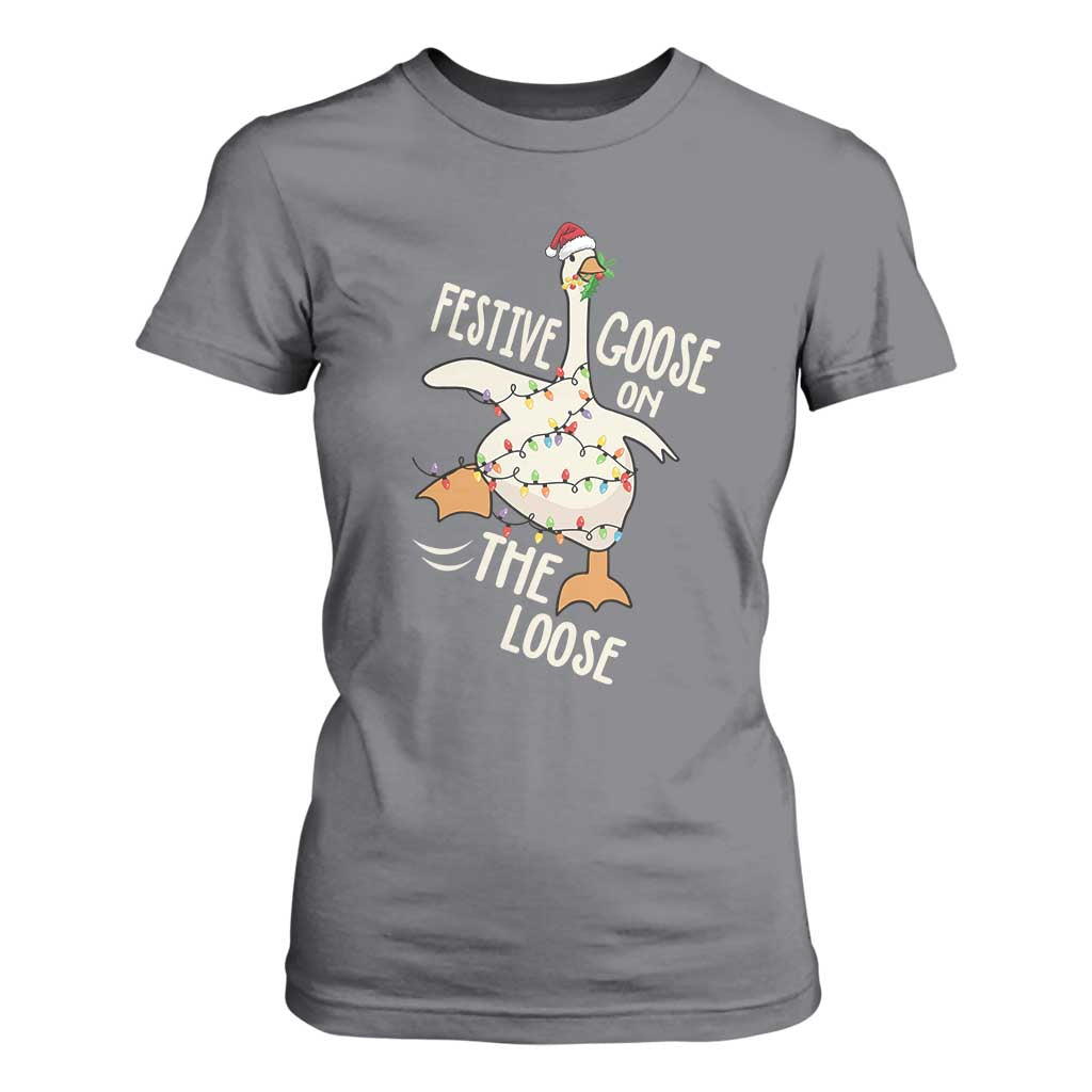 Funny Goose Christmas T Shirt For Women Festive Goose On The Loose Xmas Lights TS11 Charcoal Print Your Wear