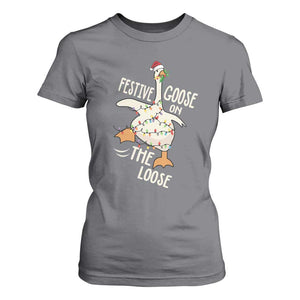 Funny Goose Christmas T Shirt For Women Festive Goose On The Loose Xmas Lights TS11 Charcoal Print Your Wear