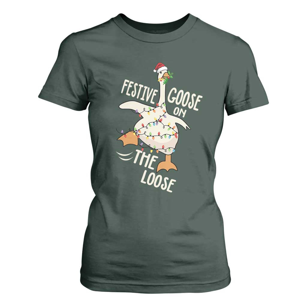 Funny Goose Christmas T Shirt For Women Festive Goose On The Loose Xmas Lights TS11 Dark Forest Green Print Your Wear