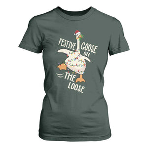 Funny Goose Christmas T Shirt For Women Festive Goose On The Loose Xmas Lights TS11 Dark Forest Green Print Your Wear