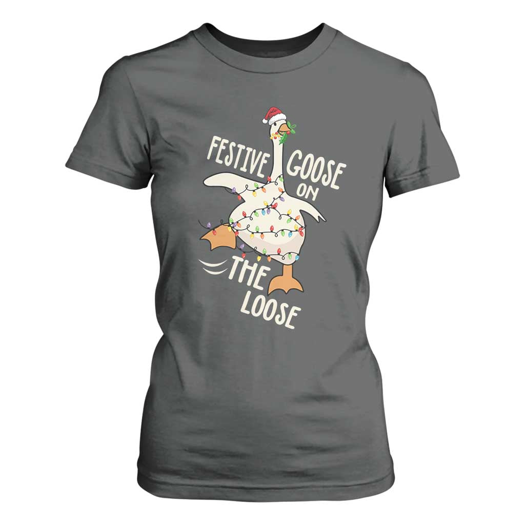 Funny Goose Christmas T Shirt For Women Festive Goose On The Loose Xmas Lights TS11 Dark Heather Print Your Wear
