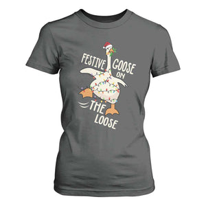 Funny Goose Christmas T Shirt For Women Festive Goose On The Loose Xmas Lights TS11 Dark Heather Print Your Wear