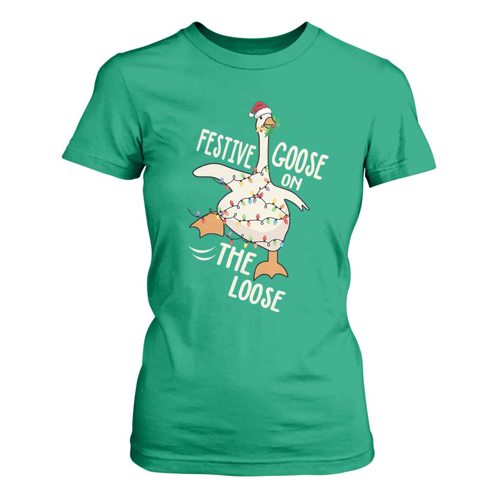 Funny Goose Christmas T Shirt For Women Festive Goose On The Loose Xmas Lights TS11 Irish Green Print Your Wear