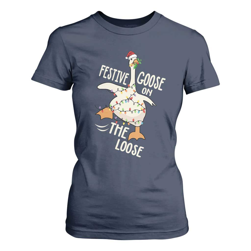 Funny Goose Christmas T Shirt For Women Festive Goose On The Loose Xmas Lights TS11 Navy Print Your Wear