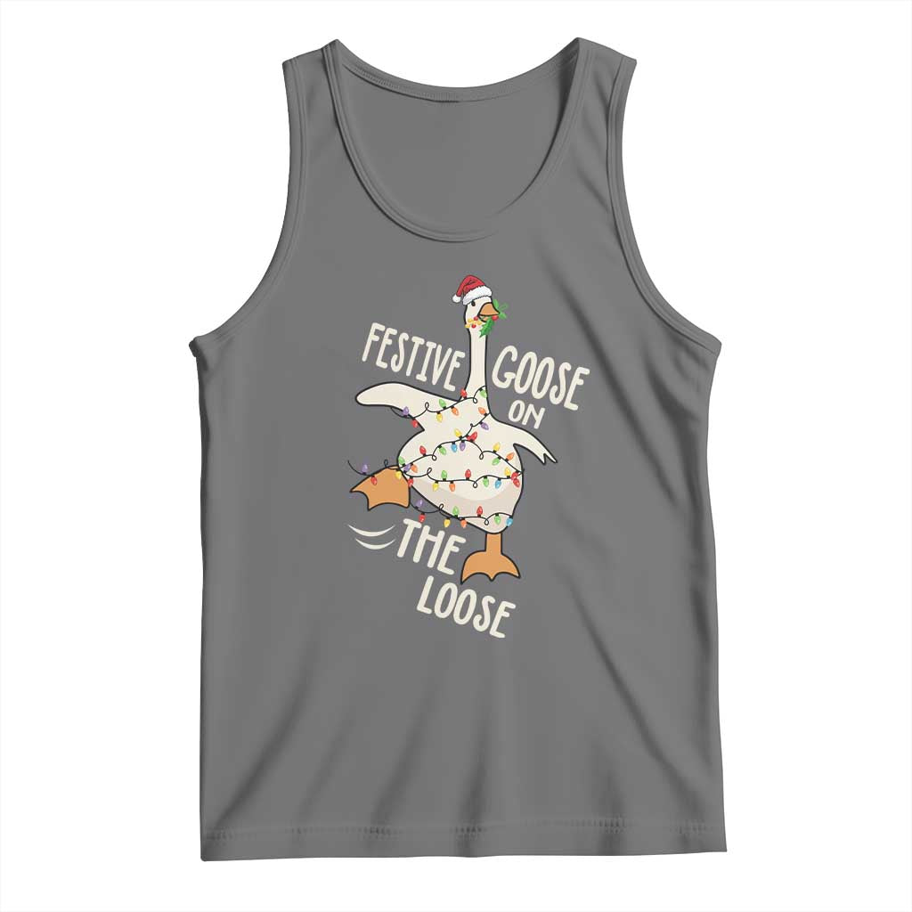 Funny Goose Christmas Tank Top Festive Goose On The Loose Xmas Lights TS11 Black Heather Print Your Wear