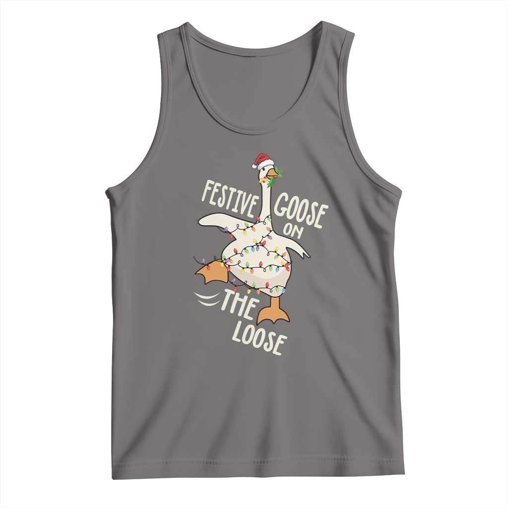 Funny Goose Christmas Tank Top Festive Goose On The Loose Xmas Lights TS11 Deep Heather Print Your Wear