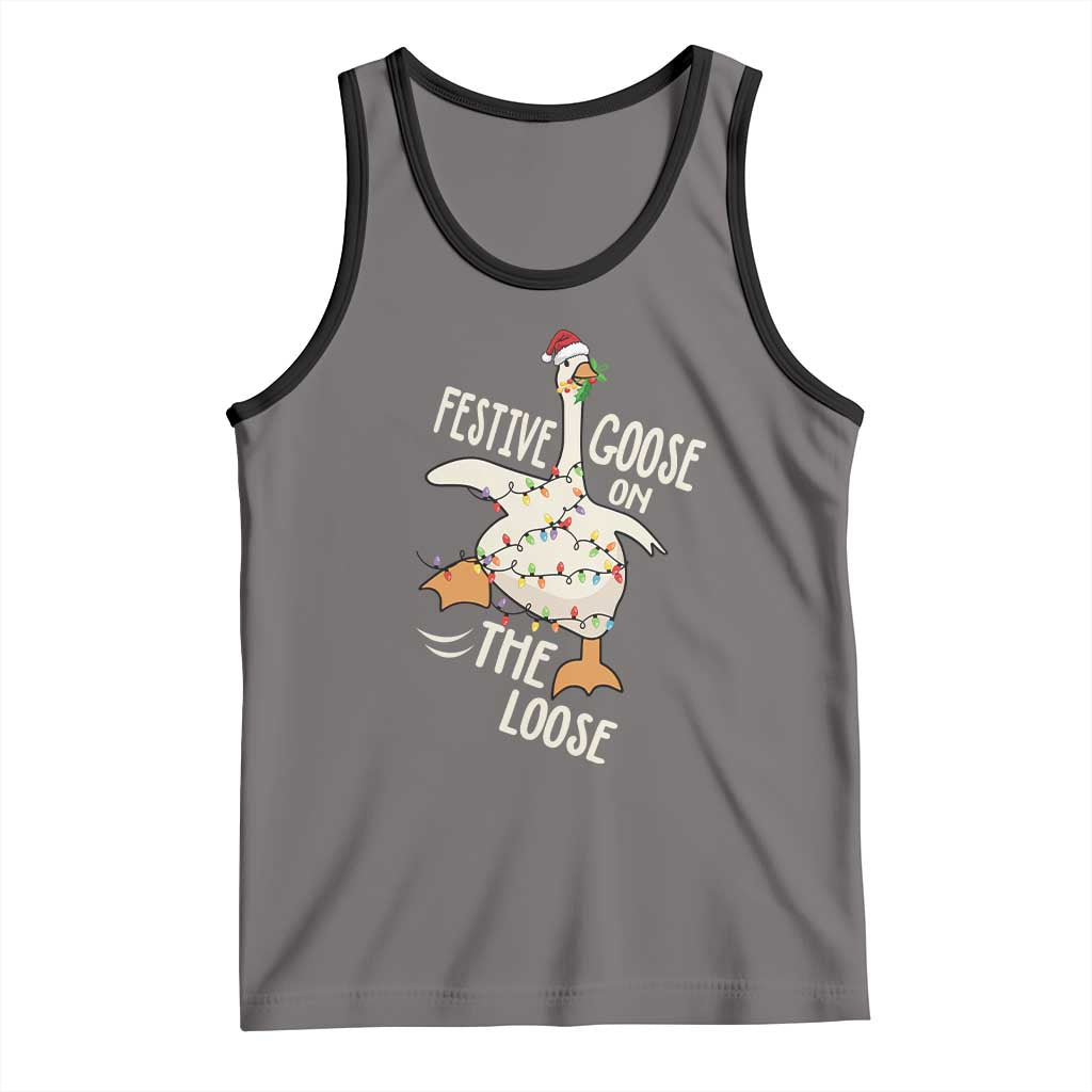 Funny Goose Christmas Tank Top Festive Goose On The Loose Xmas Lights TS11 Deep Heather Black Print Your Wear
