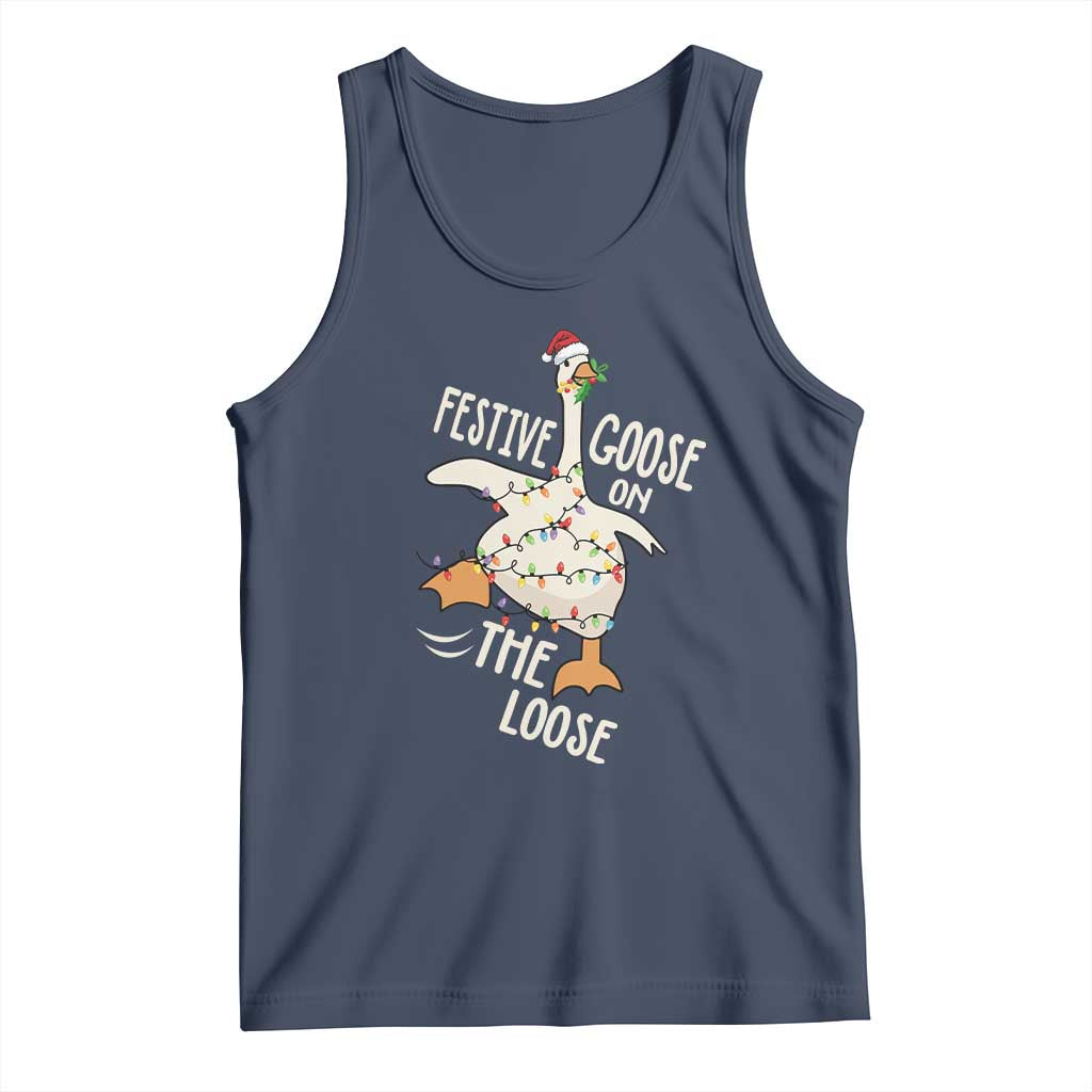 Funny Goose Christmas Tank Top Festive Goose On The Loose Xmas Lights TS11 Navy Print Your Wear