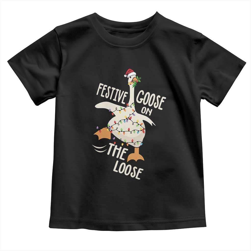 Funny Goose Christmas Toddler T Shirt Festive Goose On The Loose Xmas Lights TS11 Black Print Your Wear