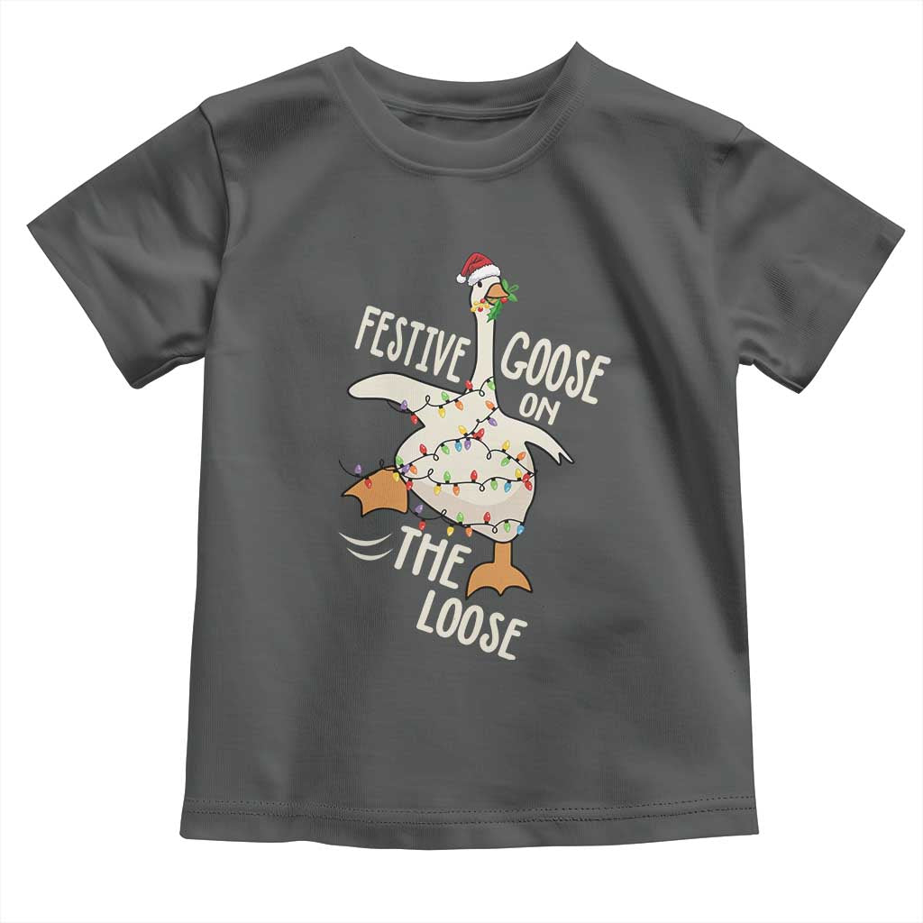 Funny Goose Christmas Toddler T Shirt Festive Goose On The Loose Xmas Lights TS11 Dark Heather Print Your Wear