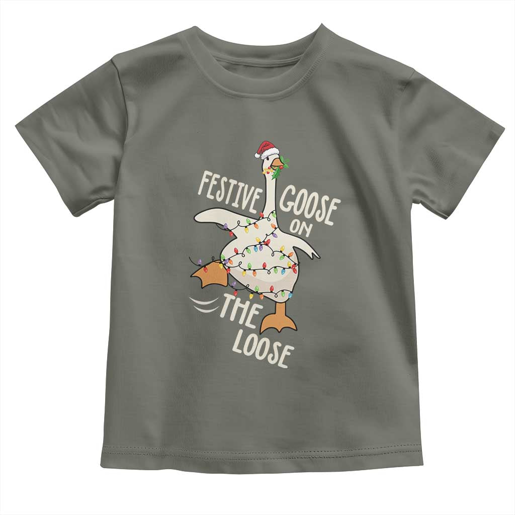 Funny Goose Christmas Toddler T Shirt Festive Goose On The Loose Xmas Lights TS11 Military Green Print Your Wear