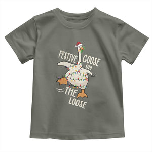 Funny Goose Christmas Toddler T Shirt Festive Goose On The Loose Xmas Lights TS11 Military Green Print Your Wear