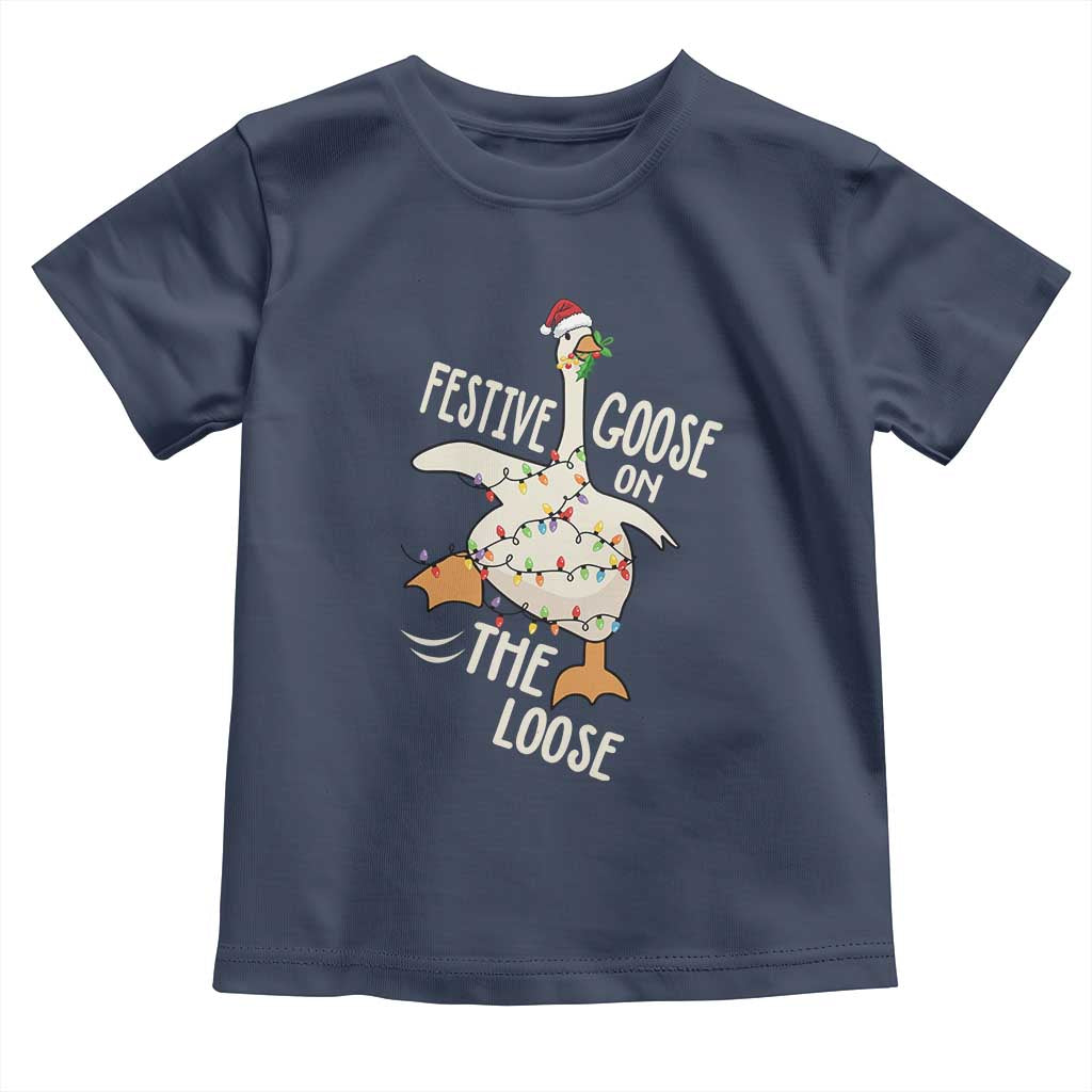 Funny Goose Christmas Toddler T Shirt Festive Goose On The Loose Xmas Lights TS11 Navy Print Your Wear
