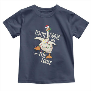 Funny Goose Christmas Toddler T Shirt Festive Goose On The Loose Xmas Lights TS11 Navy Print Your Wear