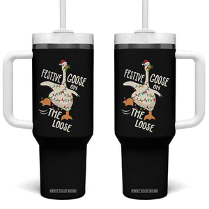 Funny Goose Christmas Tumbler With Handle Festive Goose On The Loose Xmas Lights TS11 One Size: 40 oz Black Print Your Wear