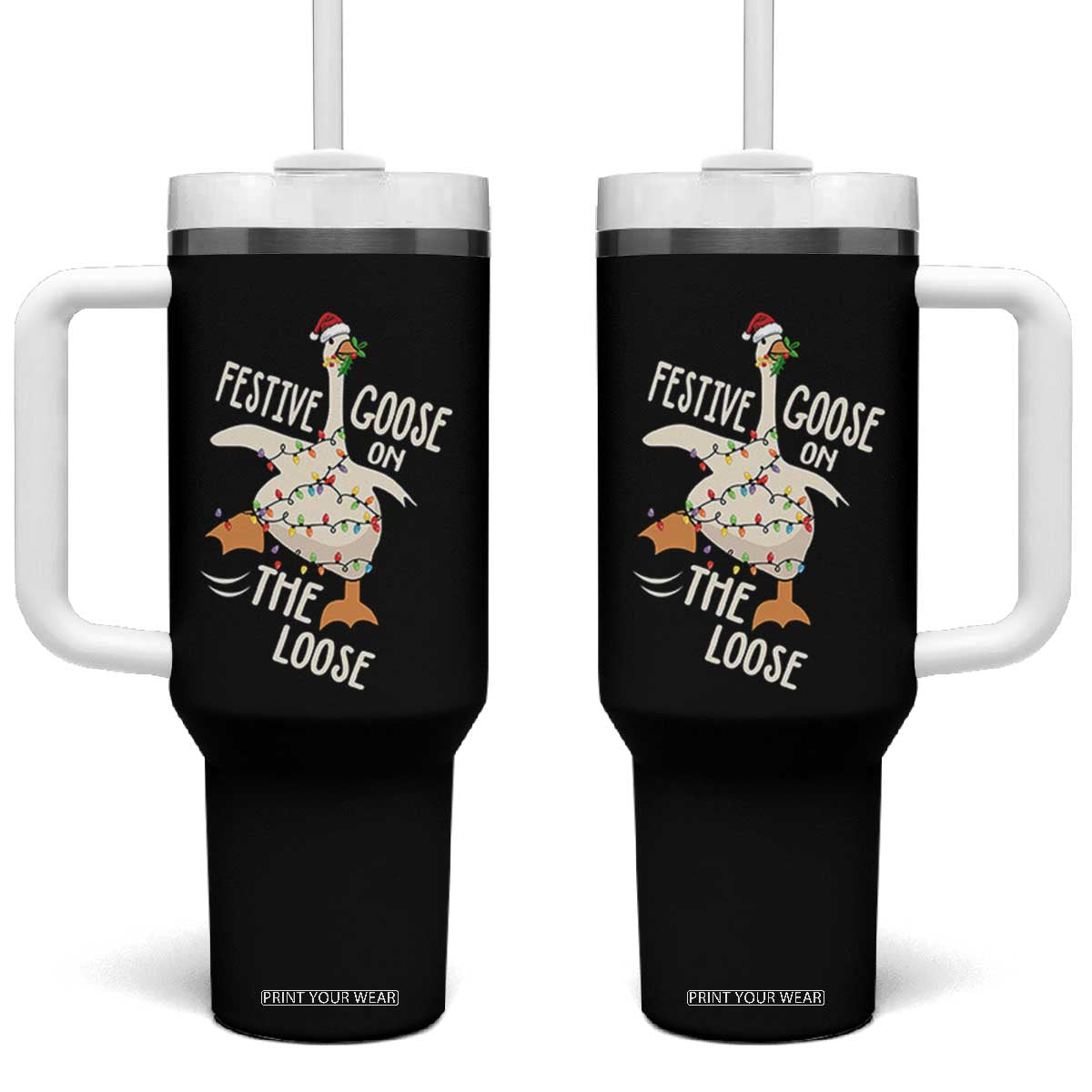 Funny Goose Christmas Tumbler With Handle Festive Goose On The Loose Xmas Lights TS11 One Size: 40 oz Black Print Your Wear