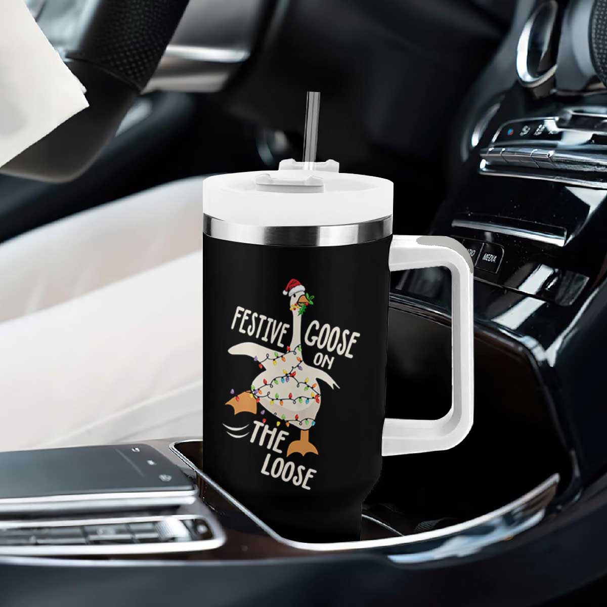 Funny Goose Christmas Tumbler With Handle Festive Goose On The Loose Xmas Lights TS11 Print Your Wear