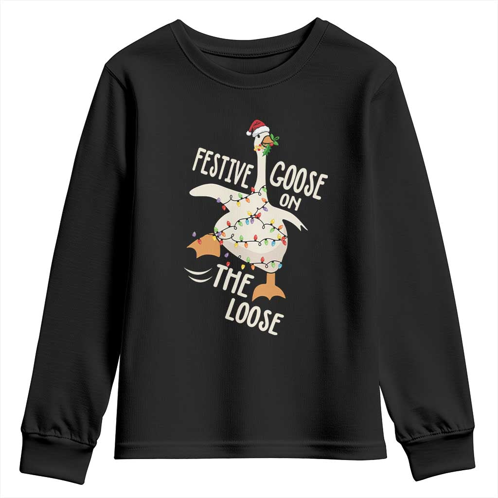 Funny Goose Christmas Youth Sweatshirt Festive Goose On The Loose Xmas Lights TS11 Black Print Your Wear