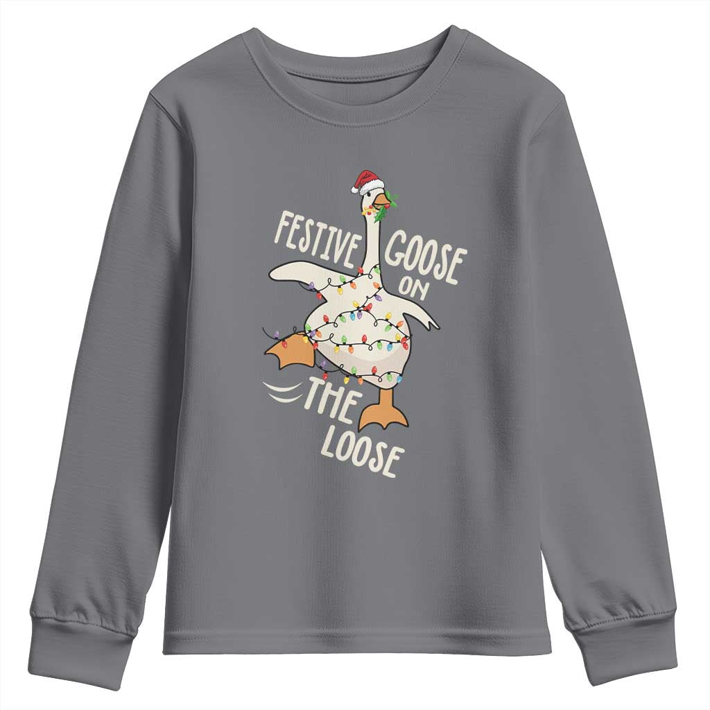 Funny Goose Christmas Youth Sweatshirt Festive Goose On The Loose Xmas Lights TS11 Charcoal Print Your Wear