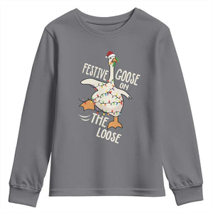 Funny Goose Christmas Youth Sweatshirt Festive Goose On The Loose Xmas Lights TS11 Charcoal Print Your Wear