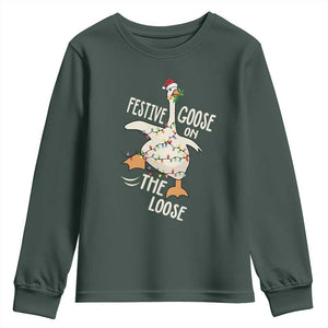 Funny Goose Christmas Youth Sweatshirt Festive Goose On The Loose Xmas Lights TS11 Dark Forest Green Print Your Wear
