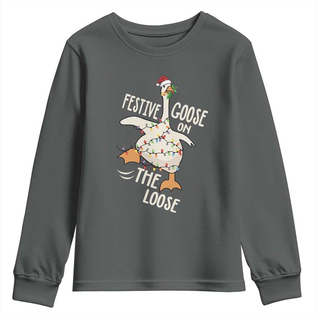 Funny Goose Christmas Youth Sweatshirt Festive Goose On The Loose Xmas Lights TS11 Dark Heather Print Your Wear