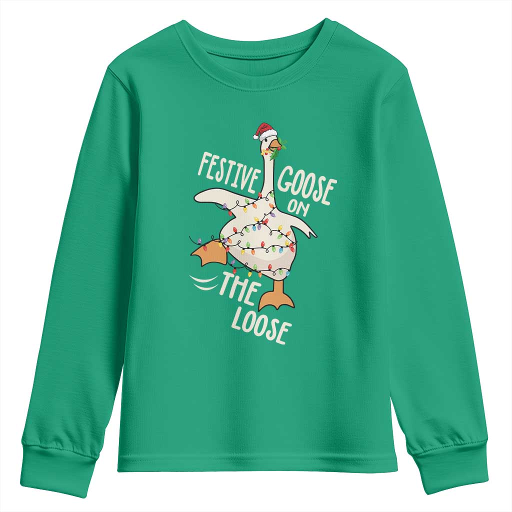 Funny Goose Christmas Youth Sweatshirt Festive Goose On The Loose Xmas Lights TS11 Irish Green Print Your Wear