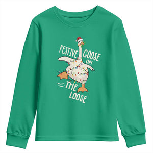 Funny Goose Christmas Youth Sweatshirt Festive Goose On The Loose Xmas Lights TS11 Irish Green Print Your Wear