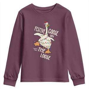 Funny Goose Christmas Youth Sweatshirt Festive Goose On The Loose Xmas Lights TS11 Maroon Print Your Wear