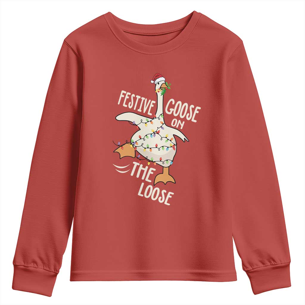 Funny Goose Christmas Youth Sweatshirt Festive Goose On The Loose Xmas Lights TS11 Red Print Your Wear