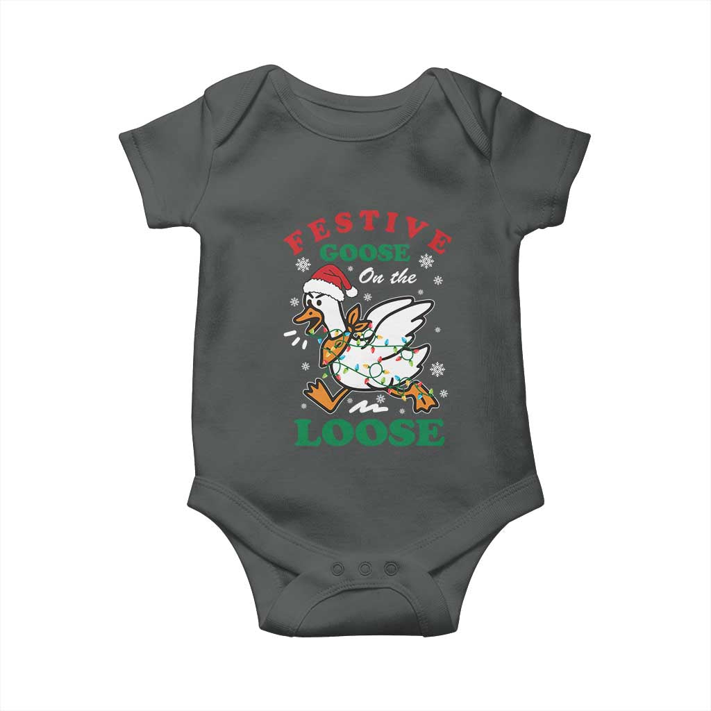 Funny Goose Christmas Baby Onesie Festive Goose On The Loose Xmas Holiday TS11 Dark Heather Print Your Wear