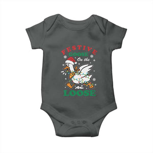 Funny Goose Christmas Baby Onesie Festive Goose On The Loose Xmas Holiday TS11 Dark Heather Print Your Wear