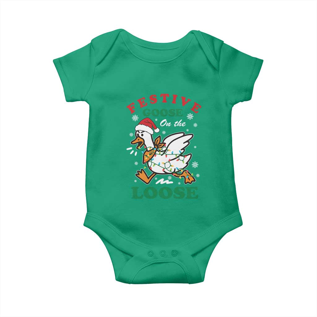 Funny Goose Christmas Baby Onesie Festive Goose On The Loose Xmas Holiday TS11 Irish Green Print Your Wear