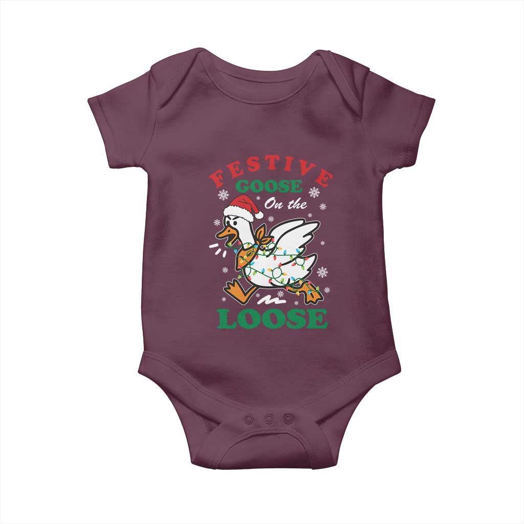 Funny Goose Christmas Baby Onesie Festive Goose On The Loose Xmas Holiday TS11 Maroon Print Your Wear