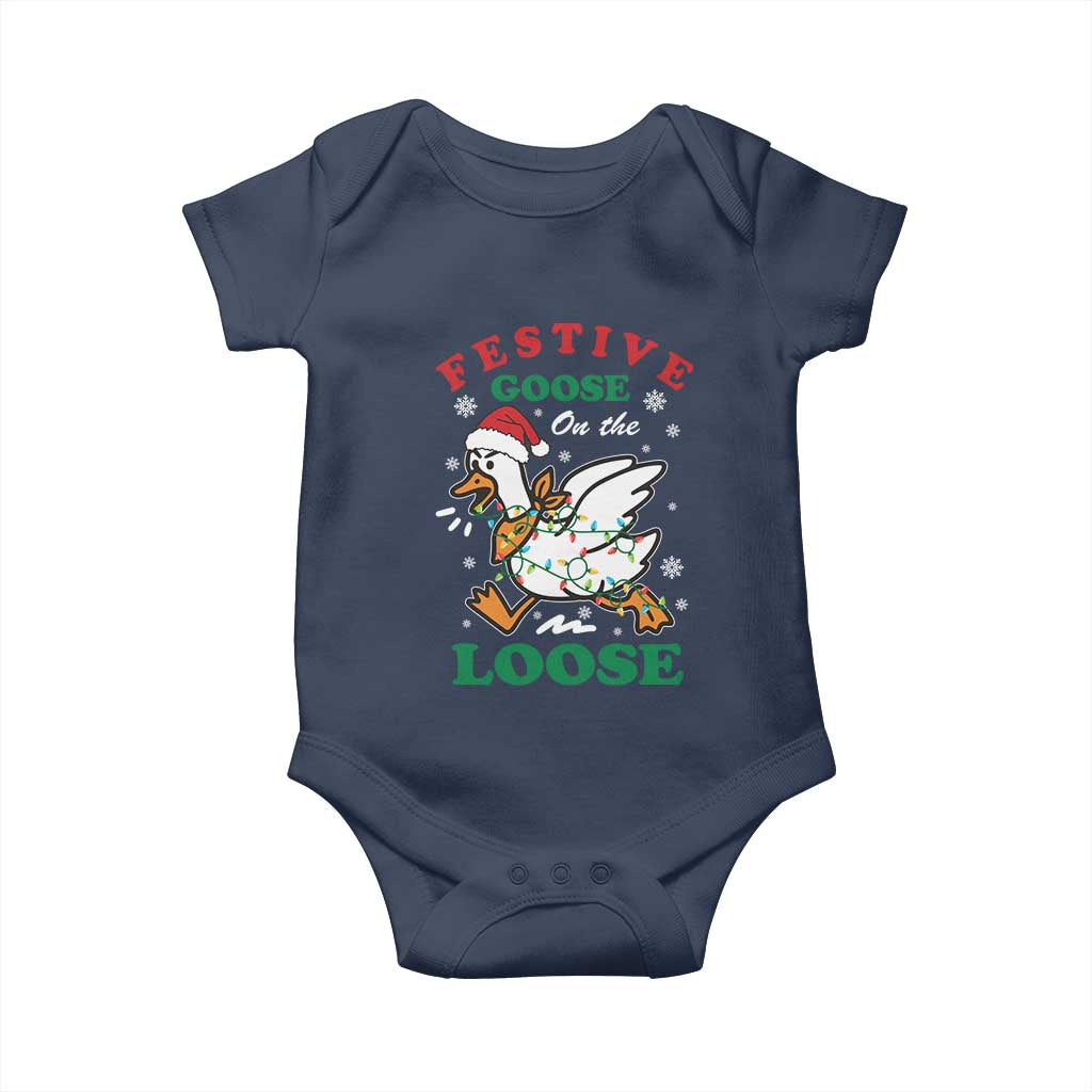 Funny Goose Christmas Baby Onesie Festive Goose On The Loose Xmas Holiday TS11 Navy Print Your Wear