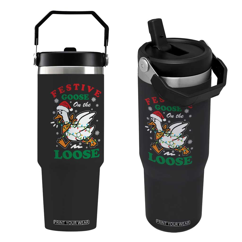 Funny Goose Christmas Flip Straw Tumbler Festive Goose On The Loose Xmas Holiday TS11 One Size: 30 oz Black Print Your Wear
