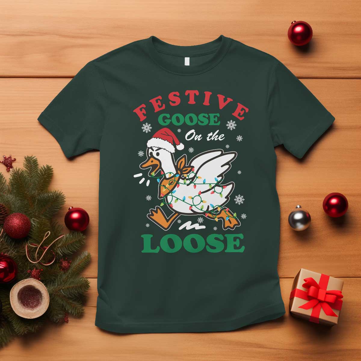 Funny Goose Christmas T Shirt Festive Goose On The Loose Xmas Holiday TS11 Dark Forest Green Print Your Wear